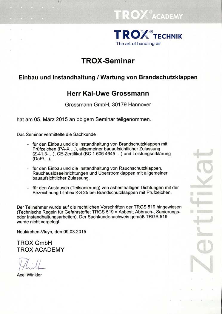 Zertifikat TROX-Seminar